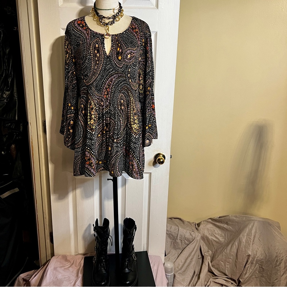 Elle‎ Wms Paisley Floral Pleated Boho Hippie Festival Tunic Mini Dress/Top 2X